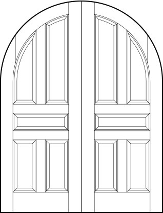 pair of stile and rail front entry wood doors with common radius top, four vertical and center horizontal sunken panels