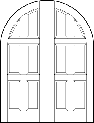pair of stile and rail front entry wood doors with common radius top and six vertical rectangle sunken panels