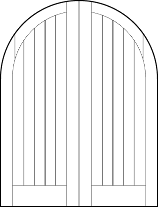 pair of tongue and groove interior doors with common radius top and six vertical parallel v-groove cuts