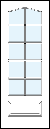 front glass French door with ten square true divided lites, slight top panel arch and bottom raised panel