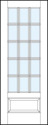 Front entry french style doors with glass panel and 15 section square true divided lites and bottom raised panel