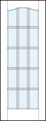 Front entry french style doors with glass panel and 15 section square true divided lites design and cathedral top