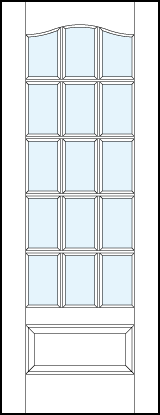 Front entry french style glass doors with 15 section square true divided lites, cathedral top and raised bottom panel