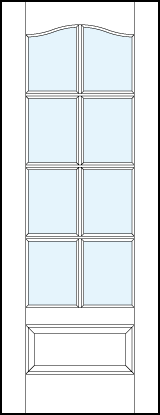 custom front entry glass french doors with eight true divided lites, cathedral top and bottom raised panel