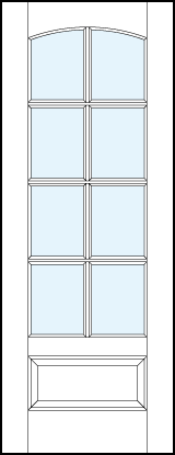 custom front entry glass french doors with eight true divided lites, curved arch top and bottom raised panel