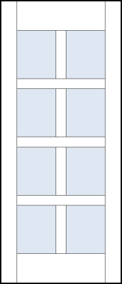 modern contemporary doors interior with four sets of glass panels separated by crossed rails and standard stiles