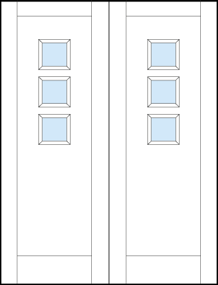 pair of custom stile and rail art deco interior doors with three vertical lites on top