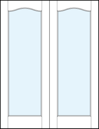 pair of interior glass modern french doors with one solid glass insert and slight arched top