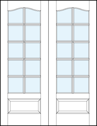 pair of interior glass french doors with ten square true divided lites, slight top panel arch and bottom raised panel