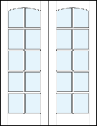 pair of interior glass french doors with ten square true divided lites and slight rounded top panel arch