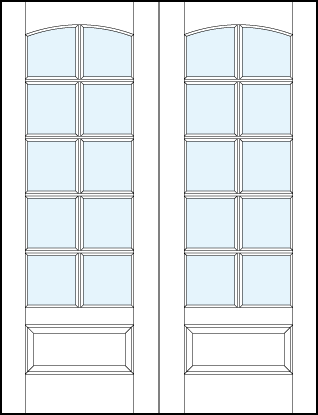 pair of interior glass french doors with ten square true divided lites, slight rounded top panel arch and raised panel