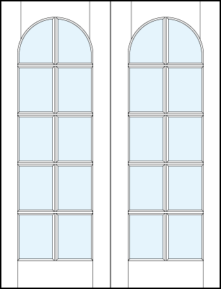 pair of French glass doors with true divided lites for ten glass panels and tall rounded arch top panel