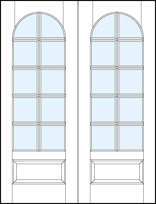 pair of interior glass french doors with ten true divided lites, tall rounded top panel and bottom raised panel