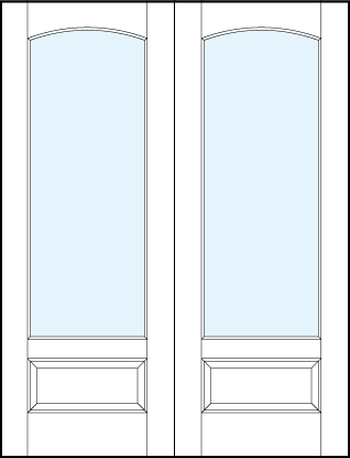 Pair of front entry glass french doors with one solid glass insert, slight rounded top panel arch and raised panel