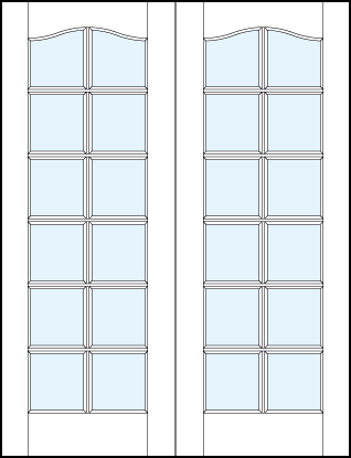 pair of interior glass french doors and true divided lites design for 12 pane appearance with slight top arch