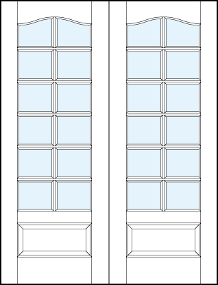 Pair of front entry glass french doors and rectangle true divided lites with raised bottom panel and slight top arch