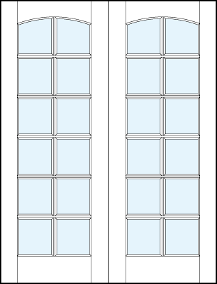 pair of interior glass french doors with square true divided lites design and slight curved top arch