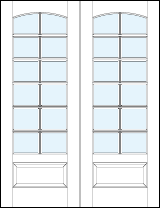 pair of interior glass french doors with square true divided lites, slight curved top arch & bottom raised panel