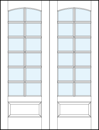 Pair of front entry glass french doors with square true divided lites, slight curved top arch & bottom raised panel