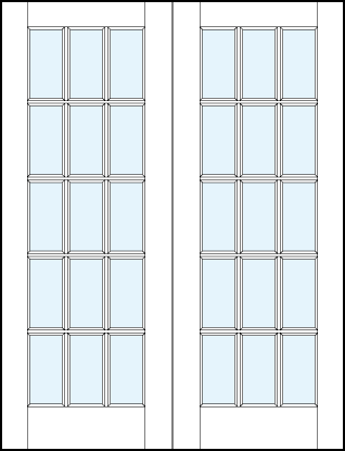 pair of interior french style doors with glass panel and square true divided lites design creating 15 sections