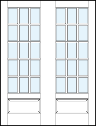 Pair of front entry french doors with glass panel and 15 section square true divided lites and bottom raised panel