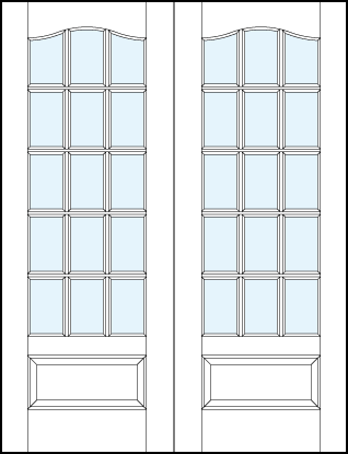 Pair of front entry french style glass doors with 15 section square true divided lites, cathedral top and raised panel