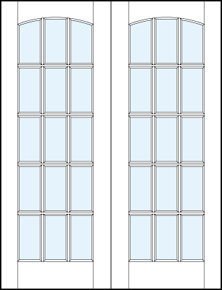 Pair of front entry french style glass doors with 15 section square true divided lites design and curved arch top