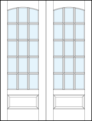 Pair of front entry french style glass doors with 15 section square true divided lites design and arch top