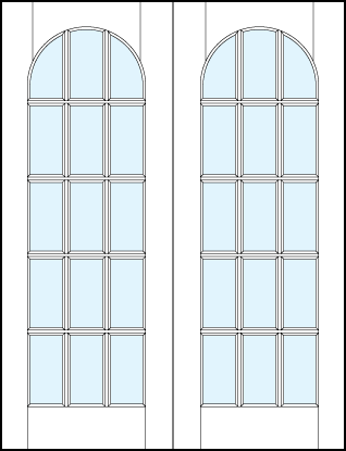 Pair of front entry french style glass doors with 15 section square true divided lites and half circle arch top