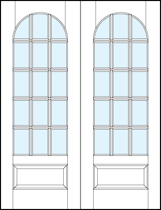 Pair of front entry french style glass doors with true divided lites, half circle arch top and bottom raised panel