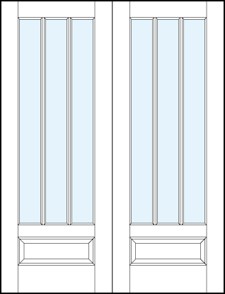 pair of modern interior french doors with center glass panel and two vertical true divided lites and small bottom panel