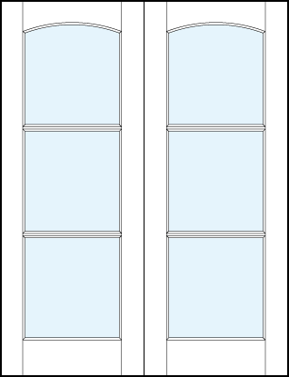 pair of modern interior french doors with three horizontal true divided lites and curved arch top