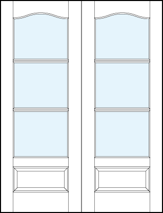 pair of modern interior french doors with three horizontal true divided lites and cathedral arch top