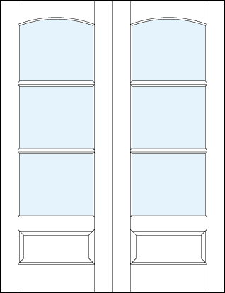 pair of front entry french doors with three horizontal true divided lites, curved arch top and bottom raised panel