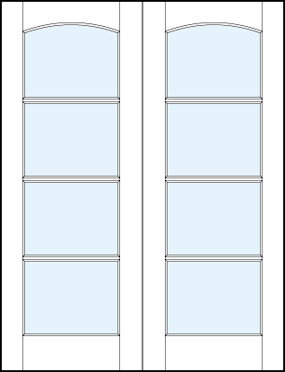 pair of interior glass french doors with four horizontal true divided lites and curved arch top