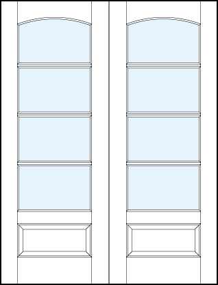 pair of interior glass french doors with four horizontal true divided lites, curved arch top & bottom raised panel