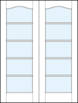 pair of modern interior glass french doors with five horizontal true divided lites and cathedral arch top