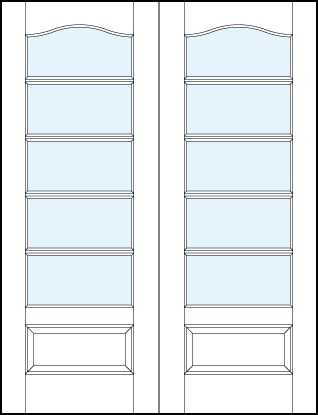 pair of front entry glass french doors with five horizontal true divided lites, cathedral top and raised panel