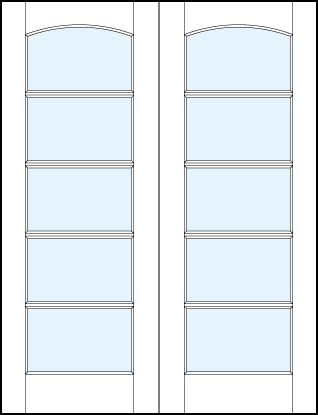 pair of modern interior glass french doors with five horizontal true divided lites and curved arch top