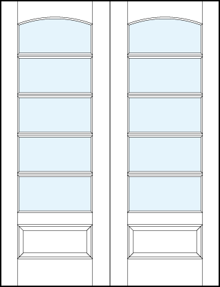 pair of interior glass french doors with five horizontal true divided lites, curved top and bottom panel