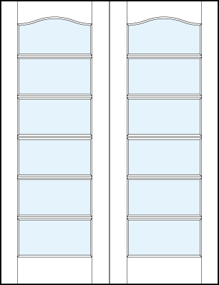 pair of glass center modern interior french doors with six horizontal true divided lites and cathedral arch top