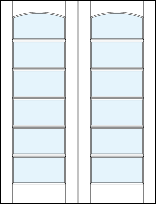 pair of glass center modern interior french doors with six horizontal true divided lites and curved arch top