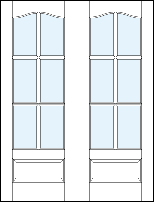 pair of custom interior glass french doors with six true divided lites, cathedral top and raised bottom panel