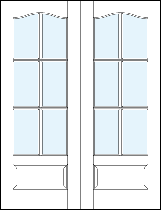 pair of custom front glass french doors with six true divided lites, cathedral top and raised bottom panel