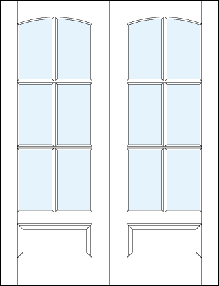 pair of custom interior glass french doors with six true divided lites and bottom panel with curved arch top