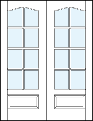 pair of custom front entry glass french doors with eight true divided lites, cathedral top & bottom panel