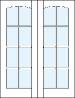 pair of custom interior glass french doors with eight true divided lites and curved arch top