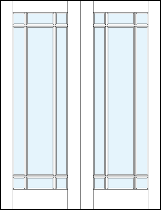 pair of modern interior french doors with large glass panel and outer crossing true divided lites border