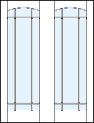 pair of modern interior french doors with large glass panel and true divided lites border with arch top