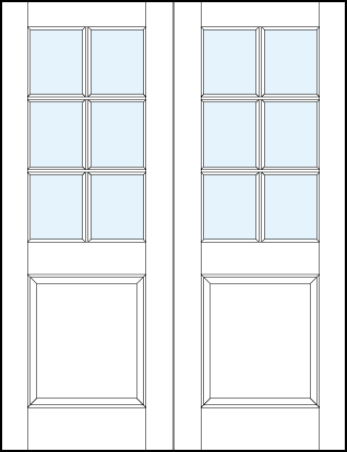 pair of interior glass panel doors with large raised bottom panel and crossing true divided lites for six sections